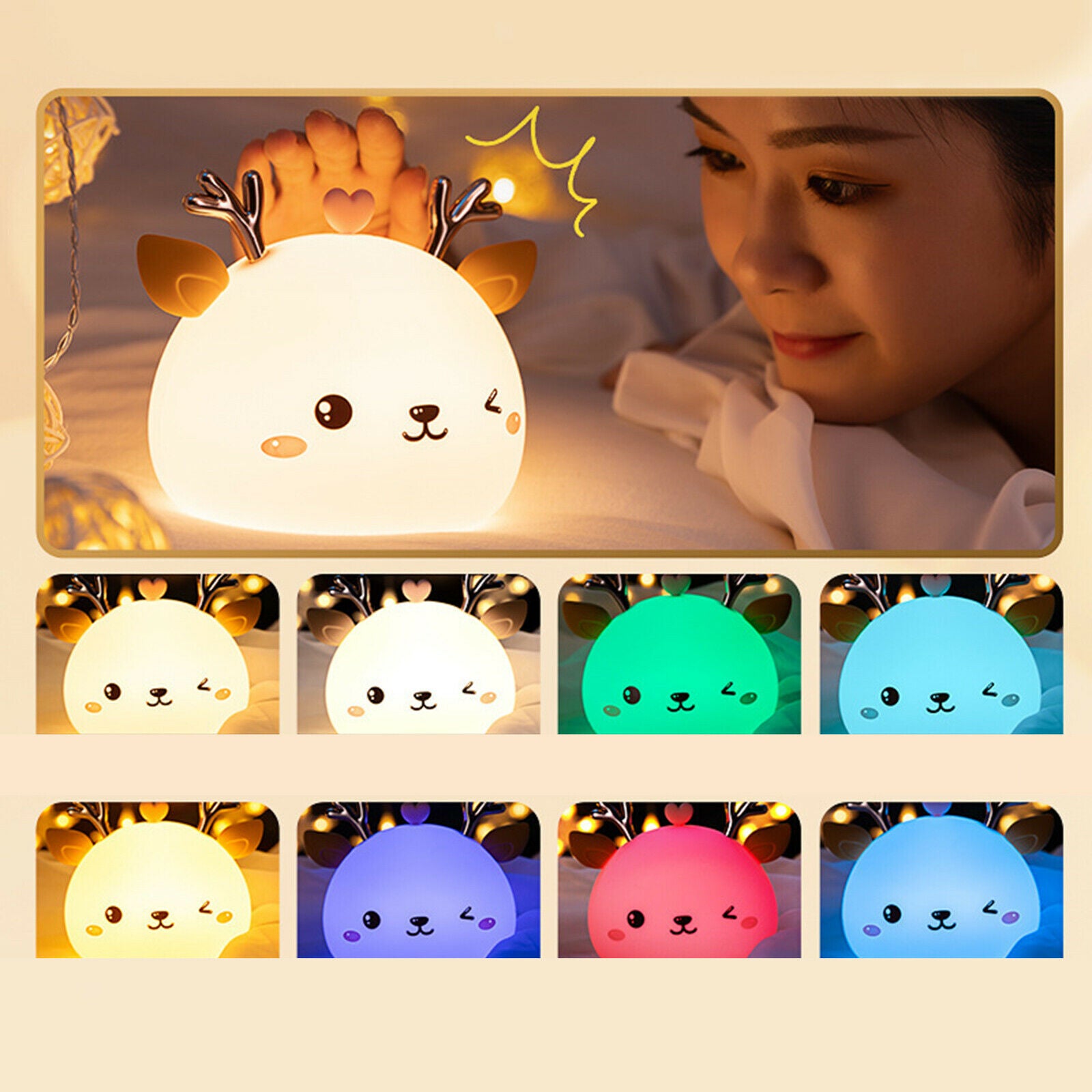 USB Cartoon Deer Silicone Night Light Touch Sensor Lamp Nightlight Kid Decor