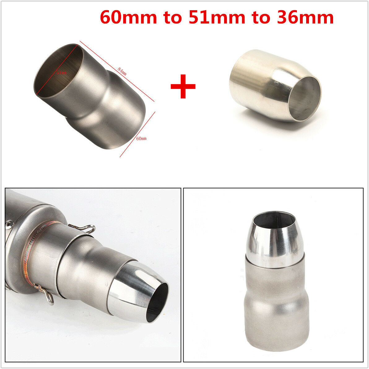 60mm to 51mm to 36mm Motorcycle Exhaust Pipe Reducer Connector Tube Welding Head