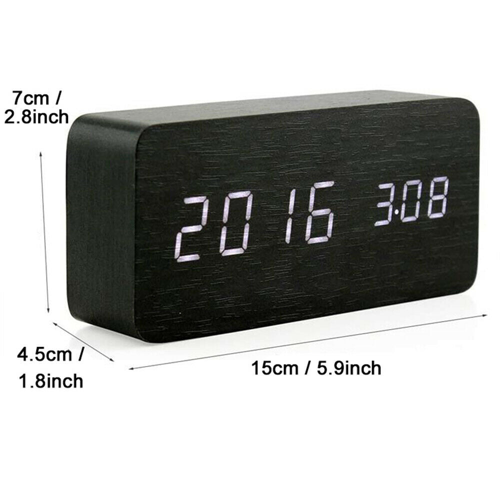 Digital LED Desk Table Alarm Clock Wooden Temperature Alarm Modern Home Decor