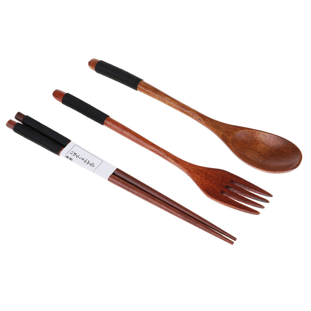 Portable Travel Camping Compact Utensil Set Wood Spoon Fork Chopstick Black