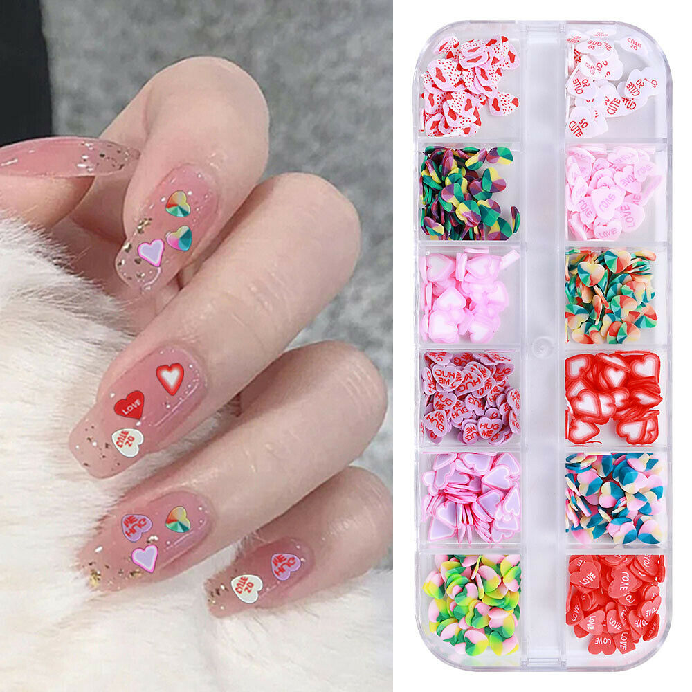 12 Grids Heart Nail Art Decoration Polymer Clay Slices Nail Art Decals Tips US