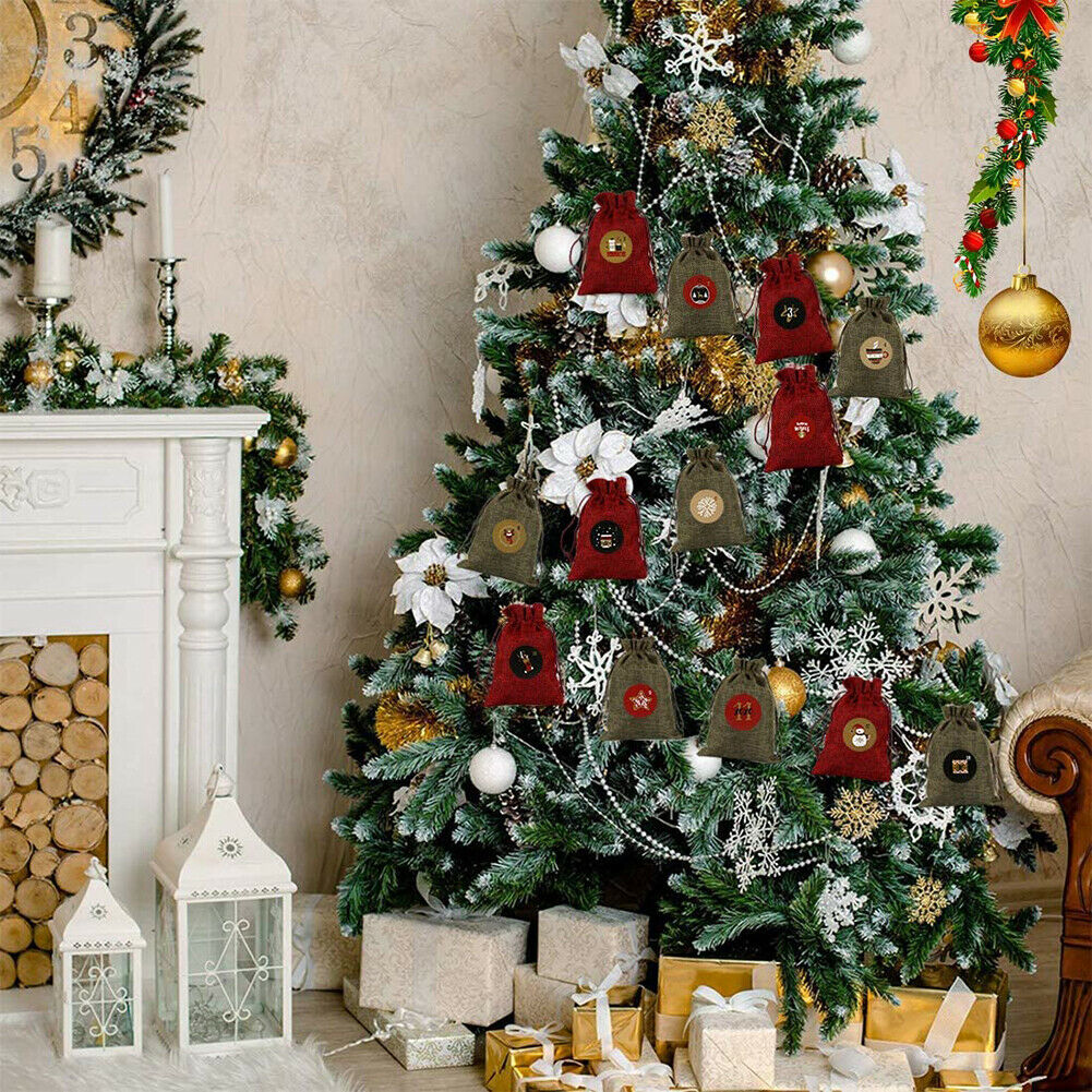 24pcs Christmas Advent Calendar Gift Bag 24 Days Hanging DIY Xmas New Year Decor