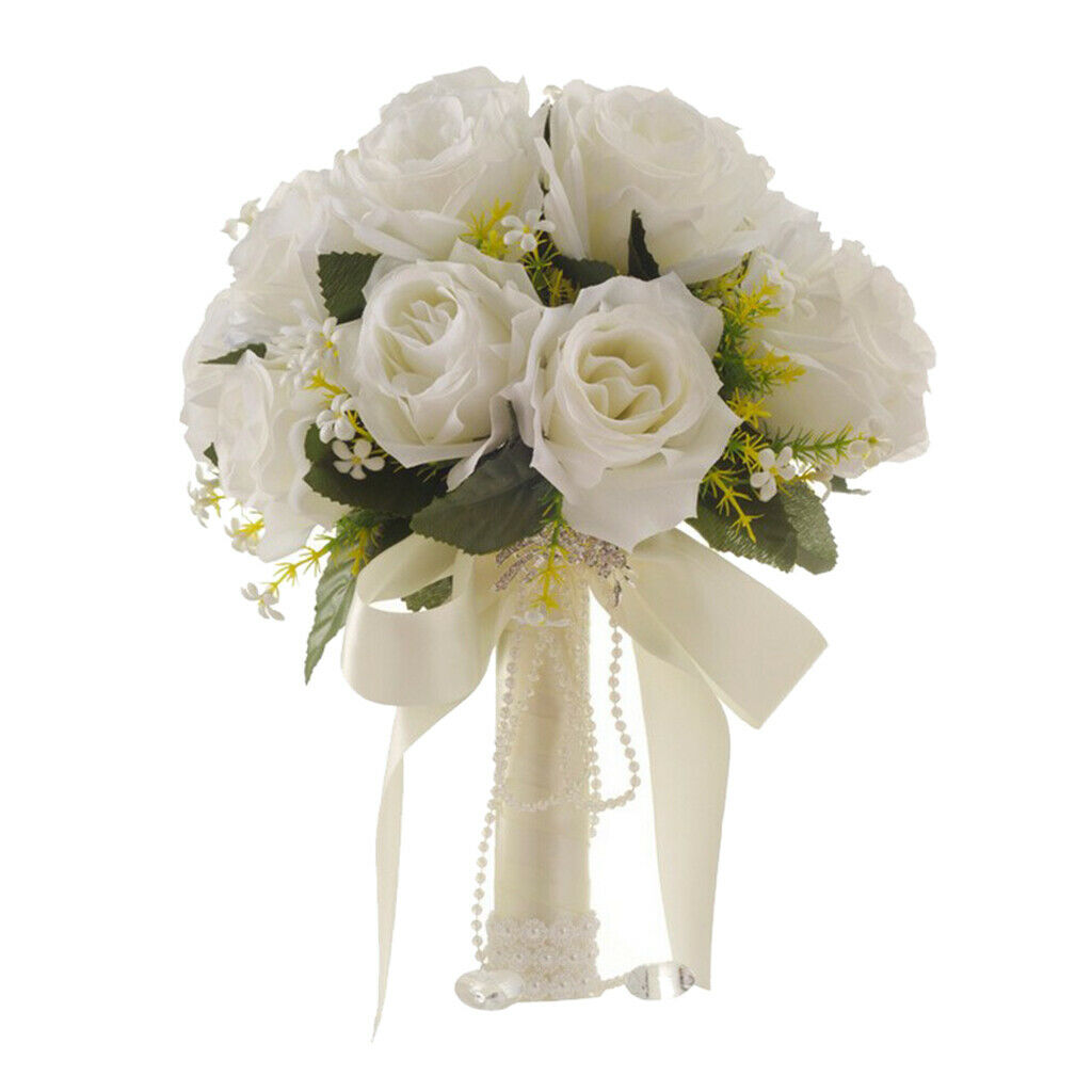 Artificial White Flowers Bride Holding Bouquet Party Pearls Hand Flower