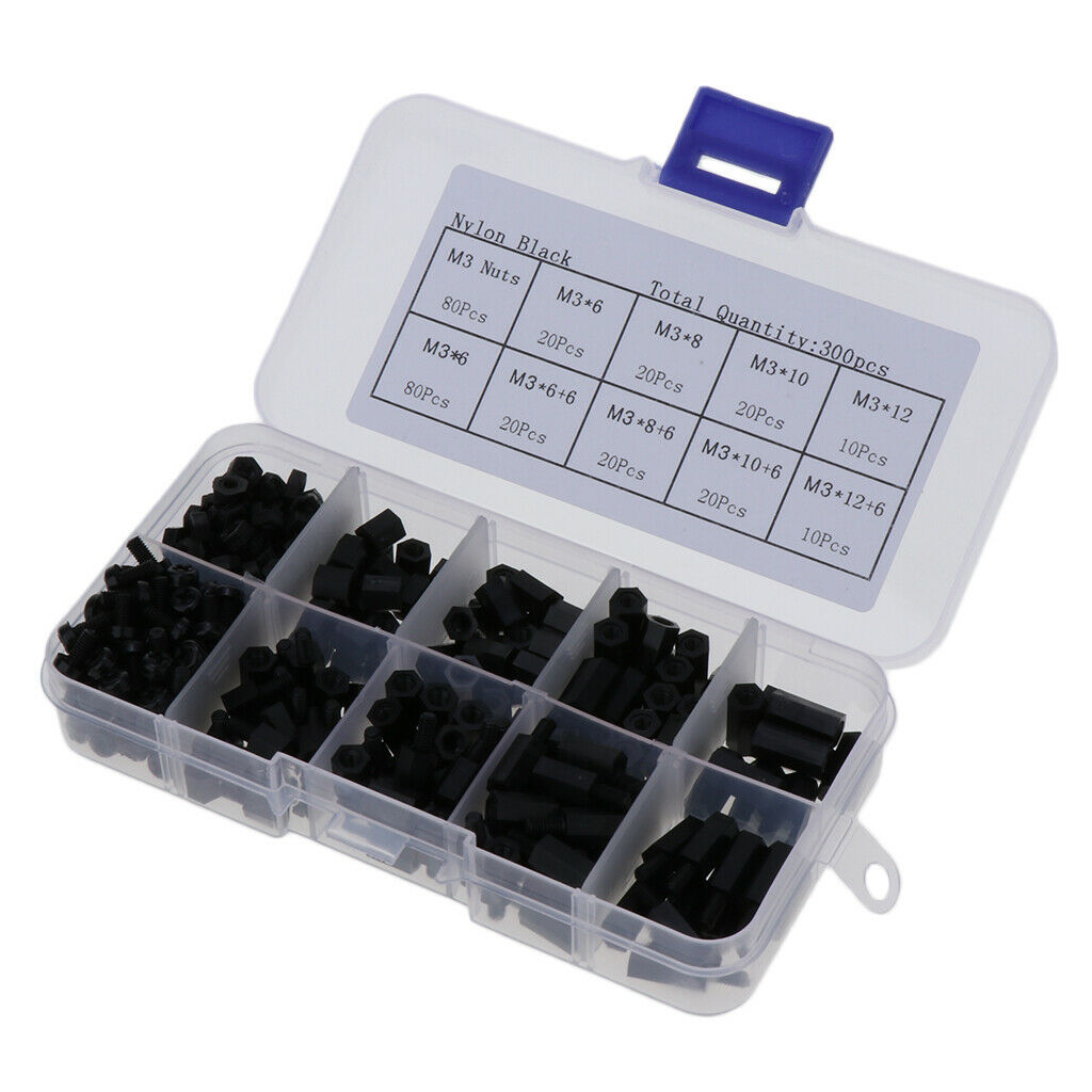 300 pcs M3 Nylon Hex Nuts Spacers Screws Stand-off Accessories Kit Black