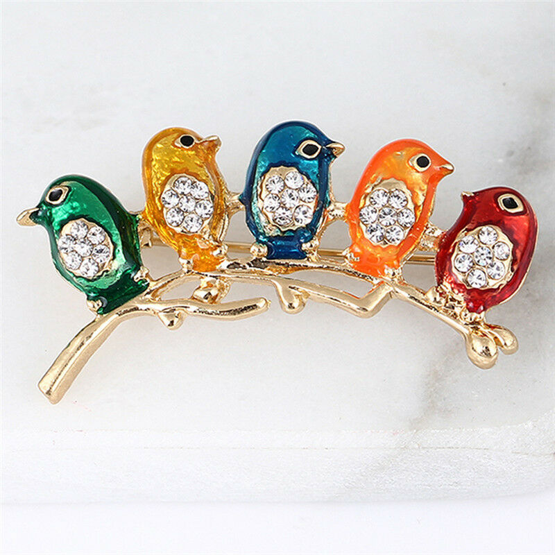 Enamel Five Birds Brooch Pin Crystal Rhinestone Collar Clip Animal Brooch .l8