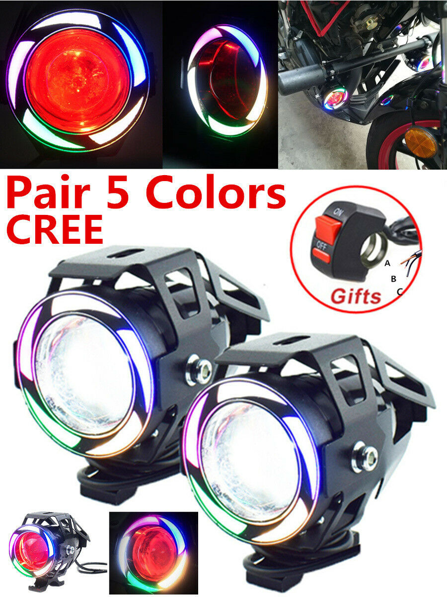 1 Pair 125W  U7 LED Motorcycle Headlight Spot Fog Light Projector Angel Eyes