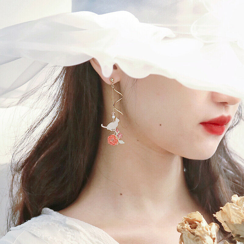 Sweet Cute Cat Flowers Leaves Pendant Flower Tassel Earrings Jewelry Earr.l8