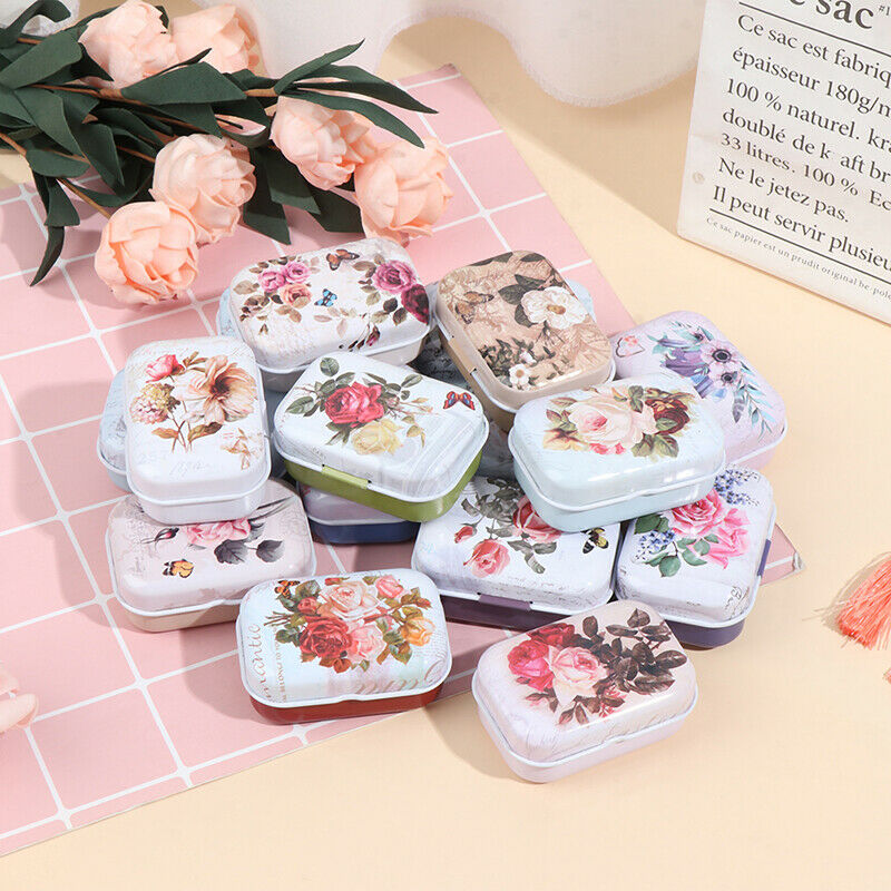 Mini Flower Tin Trinket Jewelry Coin Box Tinplate Storage Case Rectangul Sug Qx