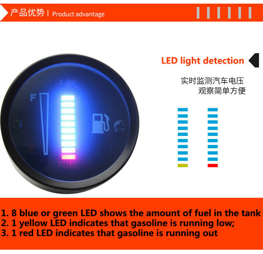 2'' Car SUV Motorbike 10LED Display Fuel Level Meter Digital Gauge Sensor