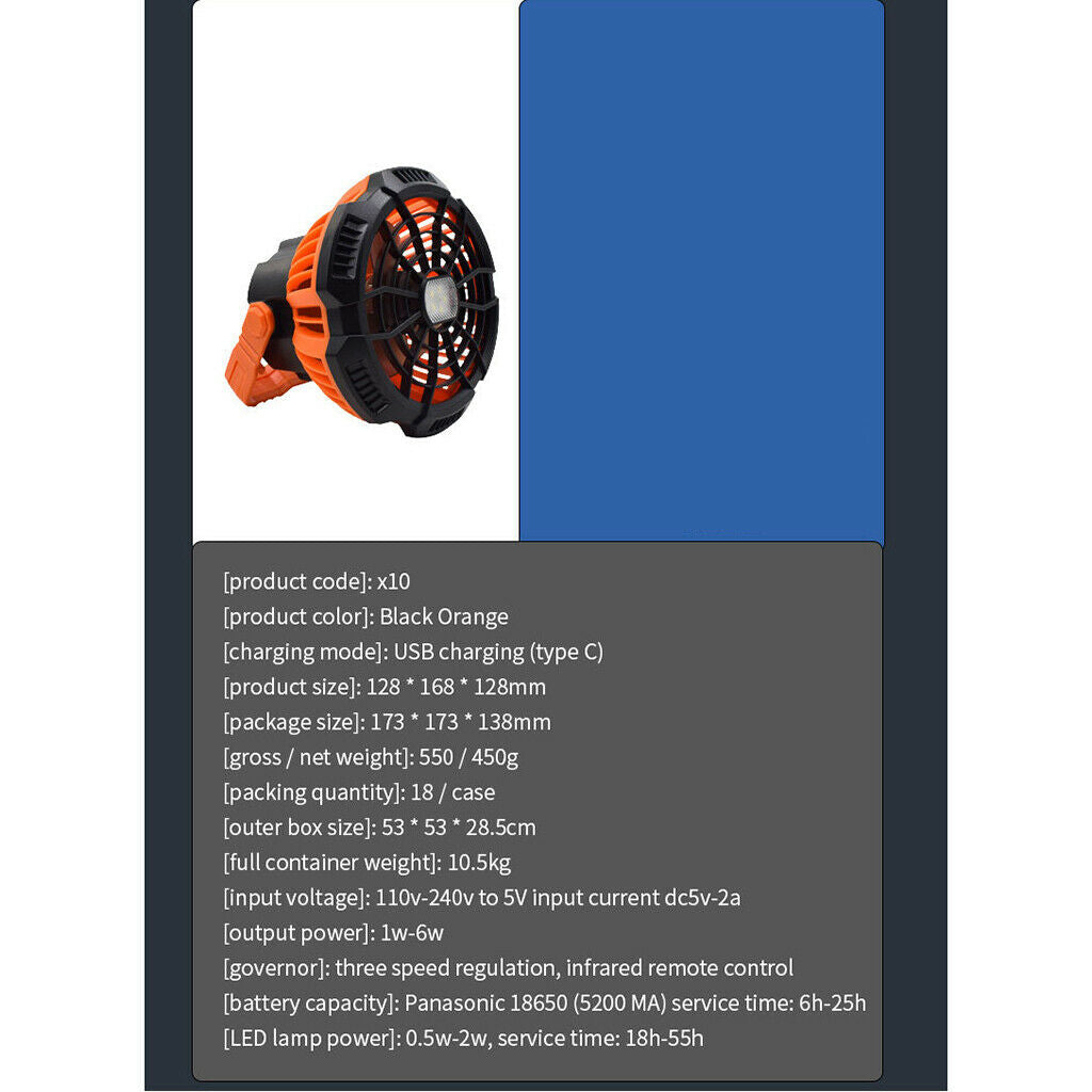 Portable Outdoor Camping Fan with LED Light Tent Fan Quiet USB Rechargeable