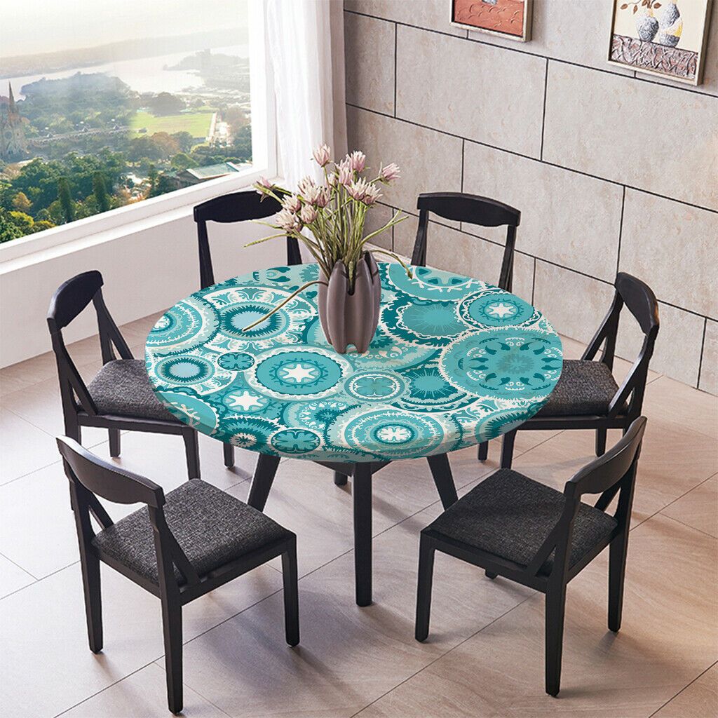 2pcs Table Cover Outdoor Elastic Edged Tablecloth 47" Round Reusable Blue