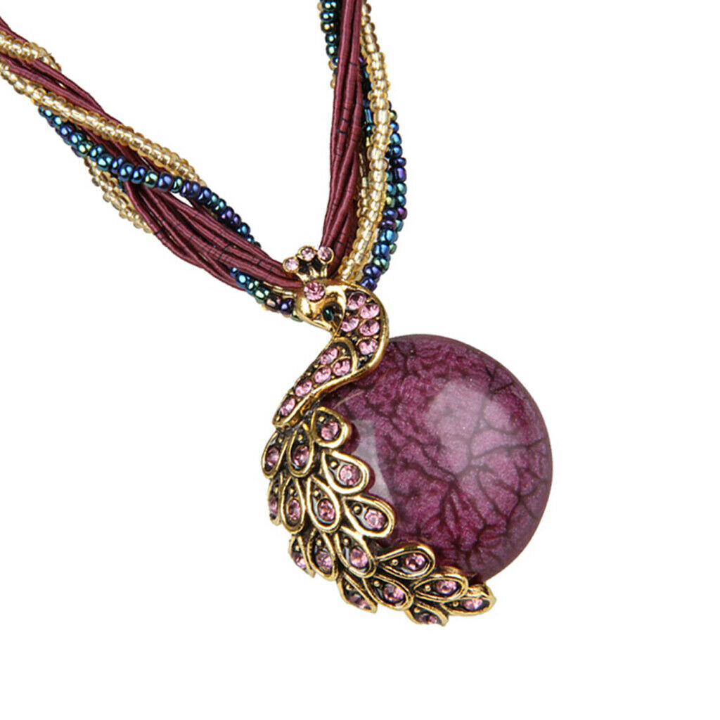 Bohemian Opal Necklace with Phoenix Peacock Pendant Jewel Accessory  Purple
