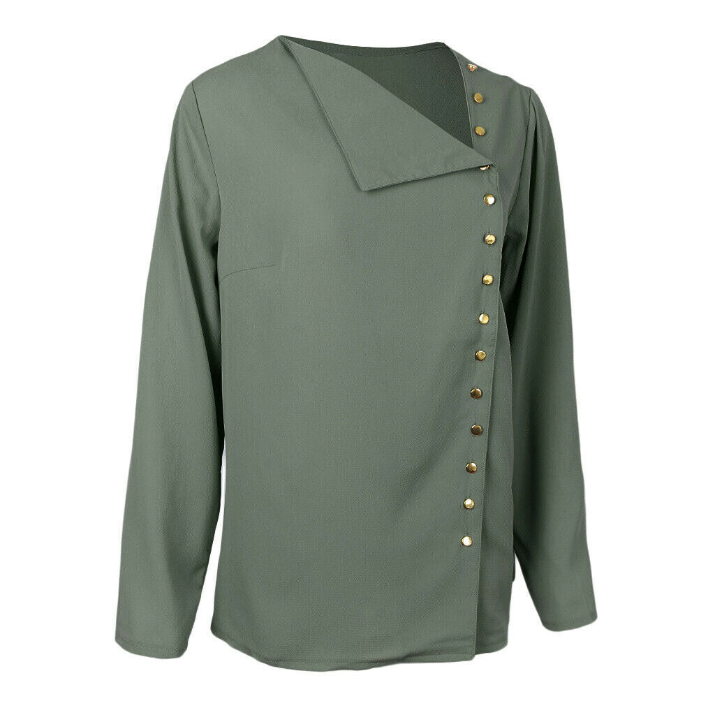 Solid Chiffon Turndown Collar Asymmetric Button Long Sleeve Blouse L Green
