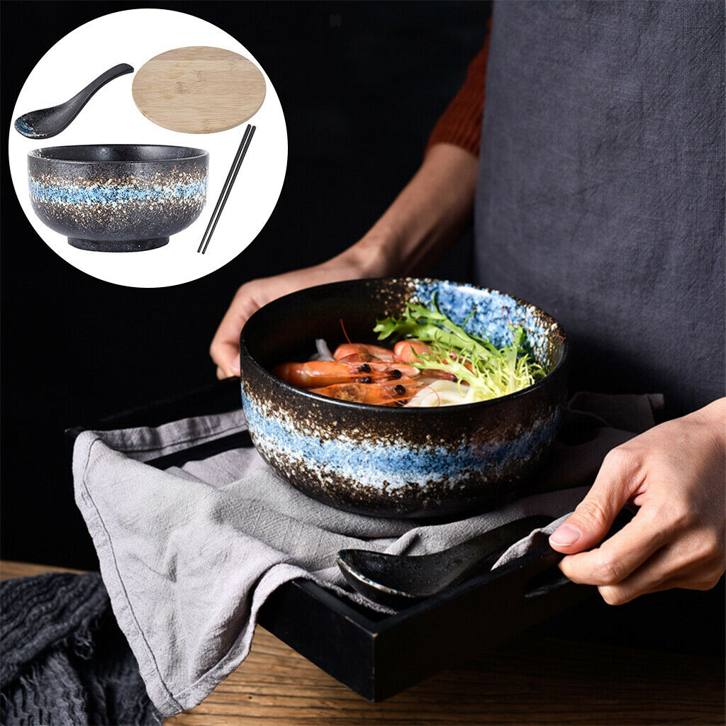 Ceramic Japanese Ramen Bowl Large 1500ml with Lid and Spoon Rice Bowl Gifts