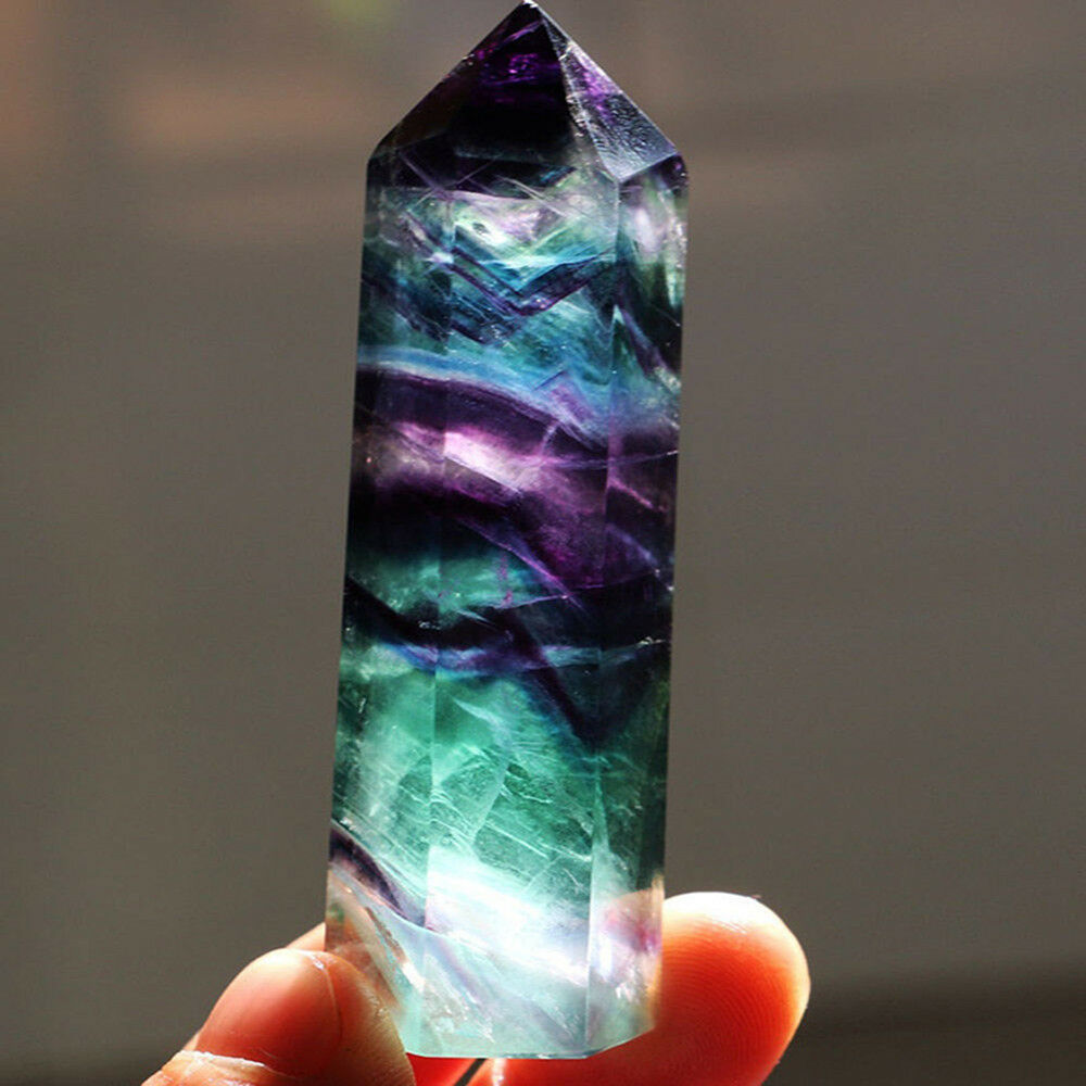 One Colorful Natural Fluorite Quartz Crystal Wand Point Healing Stone 5-6CM New
