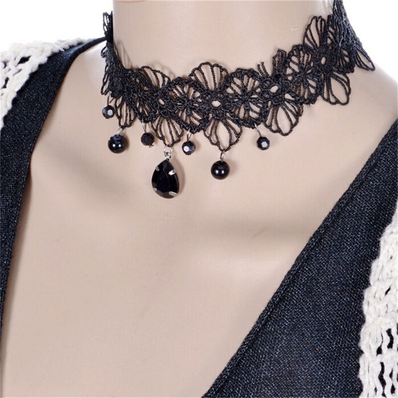 Fashion Gothic Black Lace Retro Choker Collar Flowers Pendant Necklace Jewelry
