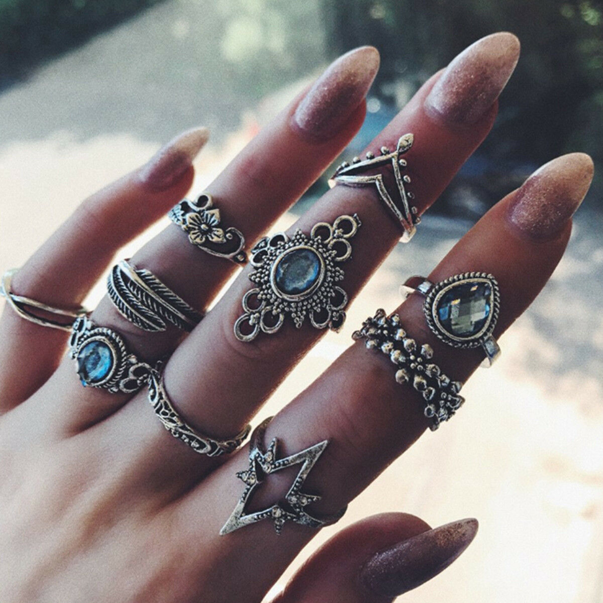 11Pcs/Set Boho Women Blue Crystal Flower Rings Set Leaf Lotus Knuckle Midi Rings