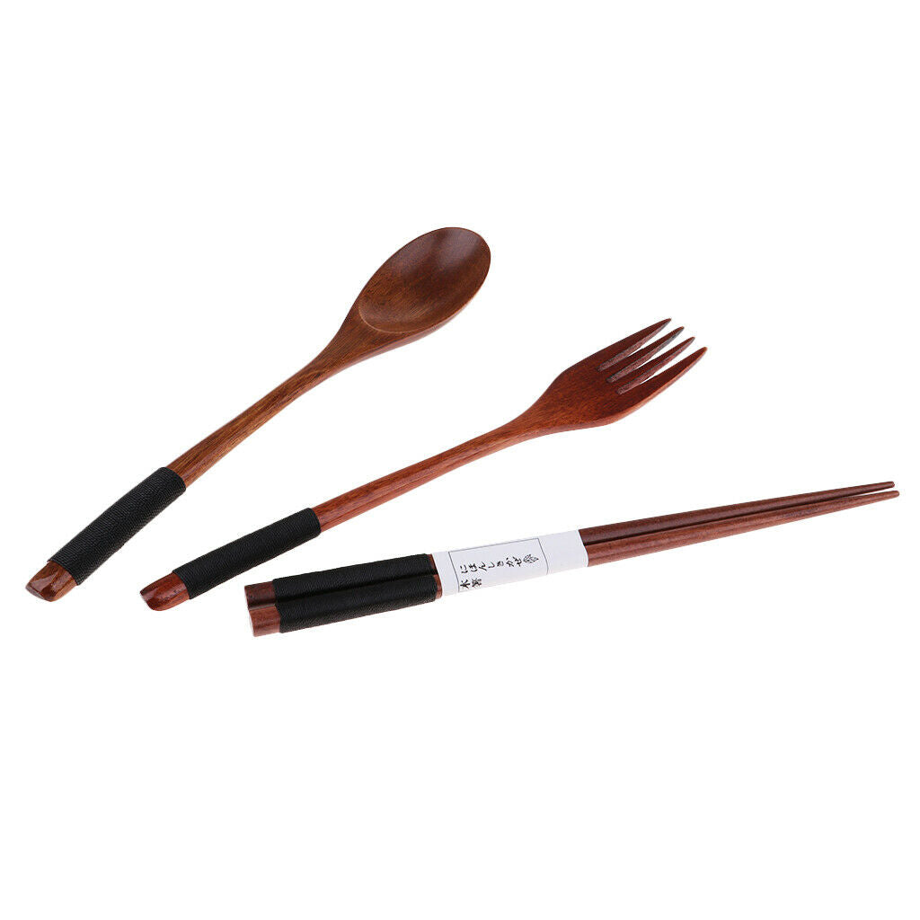 Portable Travel Camping Compact Utensil Set Wood Spoon Fork Chopstick Black