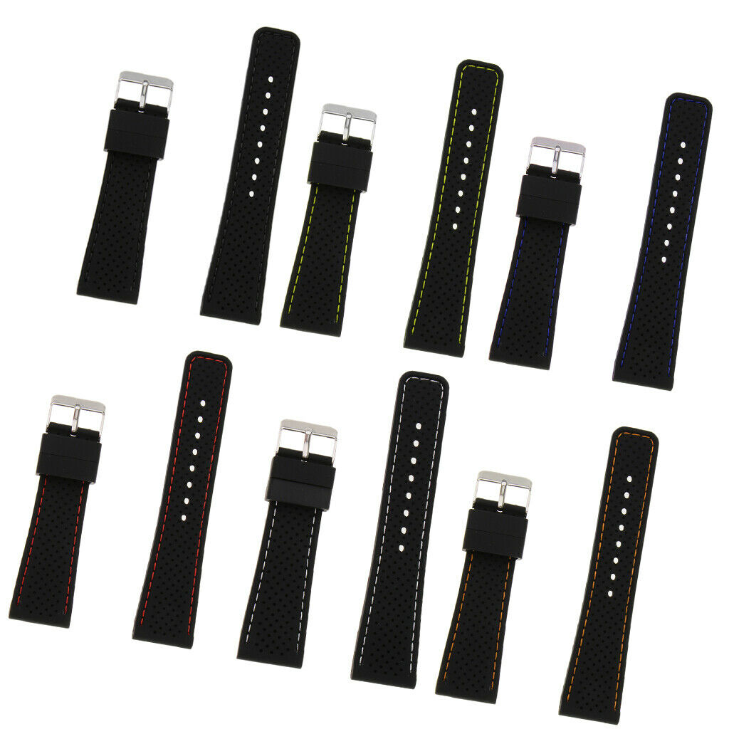 Soft 24mm Black Silicone Rubber Watchband with Stitch Line Black Stitch