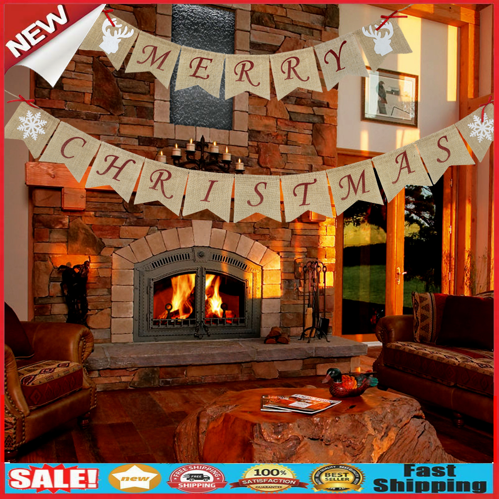 Merry Christmas Letters Banners Linen Hanging Flags Xmas Bunting Garland @