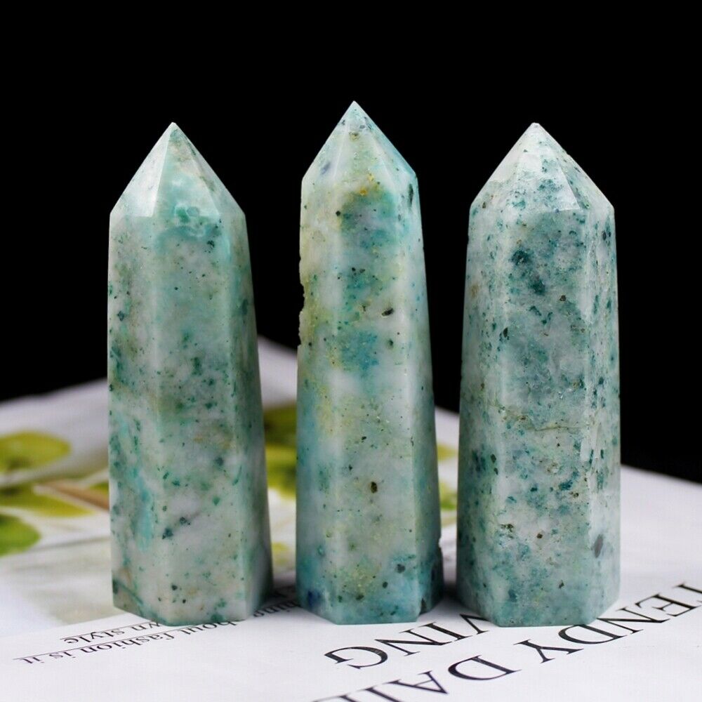 1X Natural Green Crystal Tower Point Reiki Healing Obelisk Hexagonal Wand Luckly