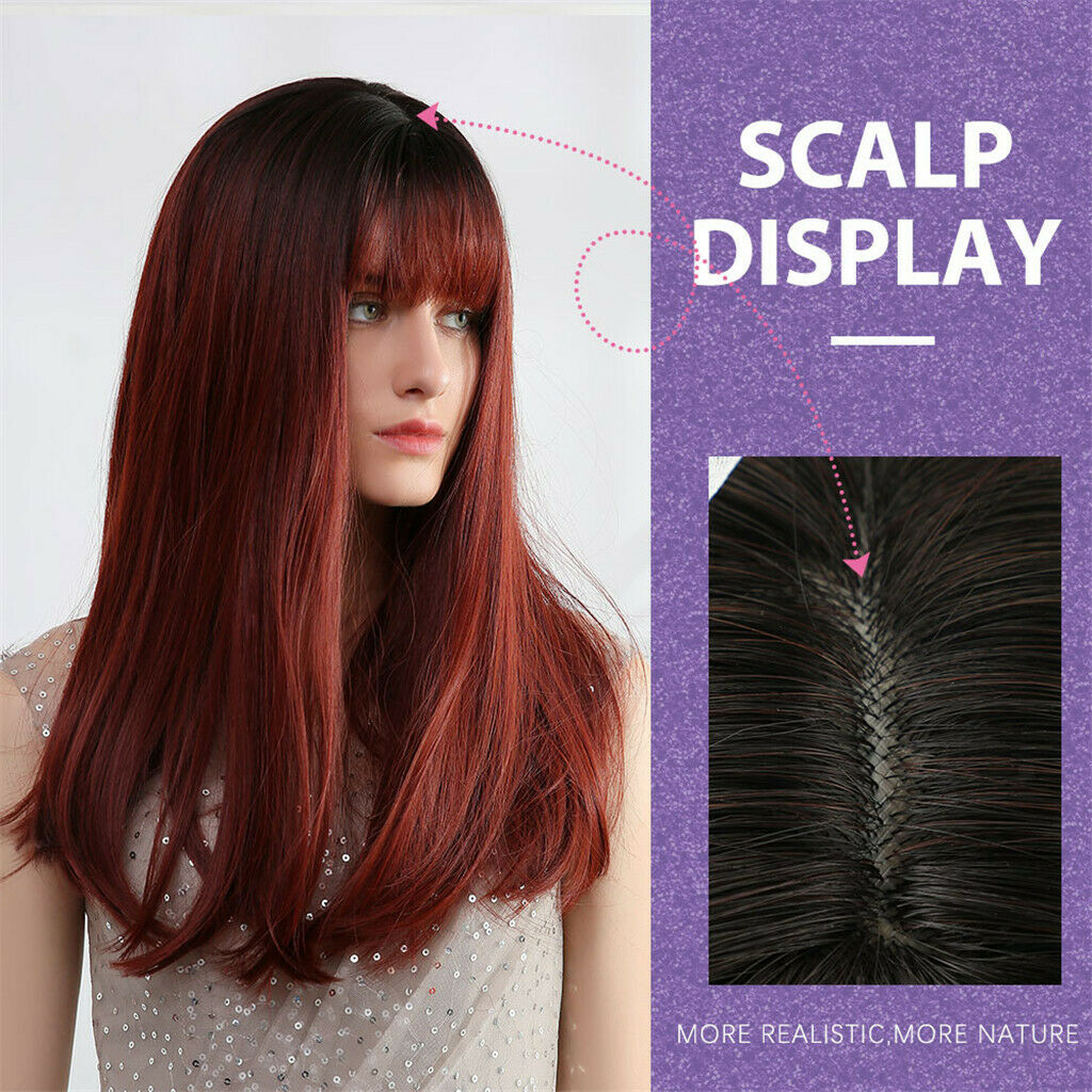 20'' Charming Straight Synthetic Wigs W/ Neat Bangs Ombre Wine Red Women Wig