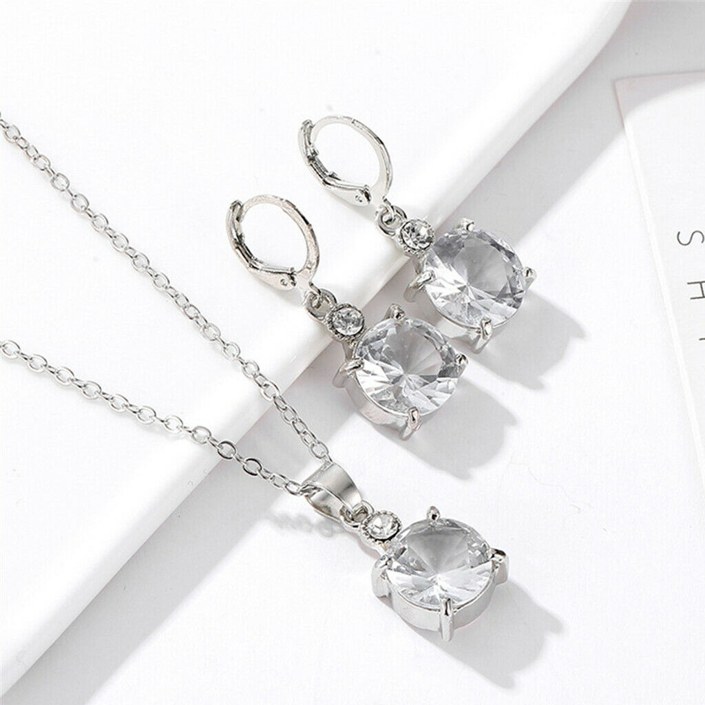 Round Zircon Crystal Bridal Pendant Necklace Earrings Jewelry Sets for Formal