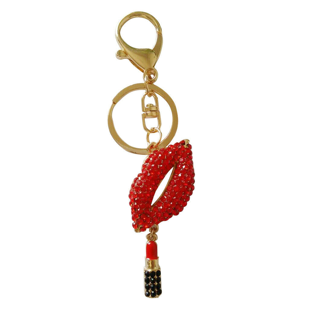 Lips Lipstick Rhinestone Pendant Keychain Women Gift Accessories Red
