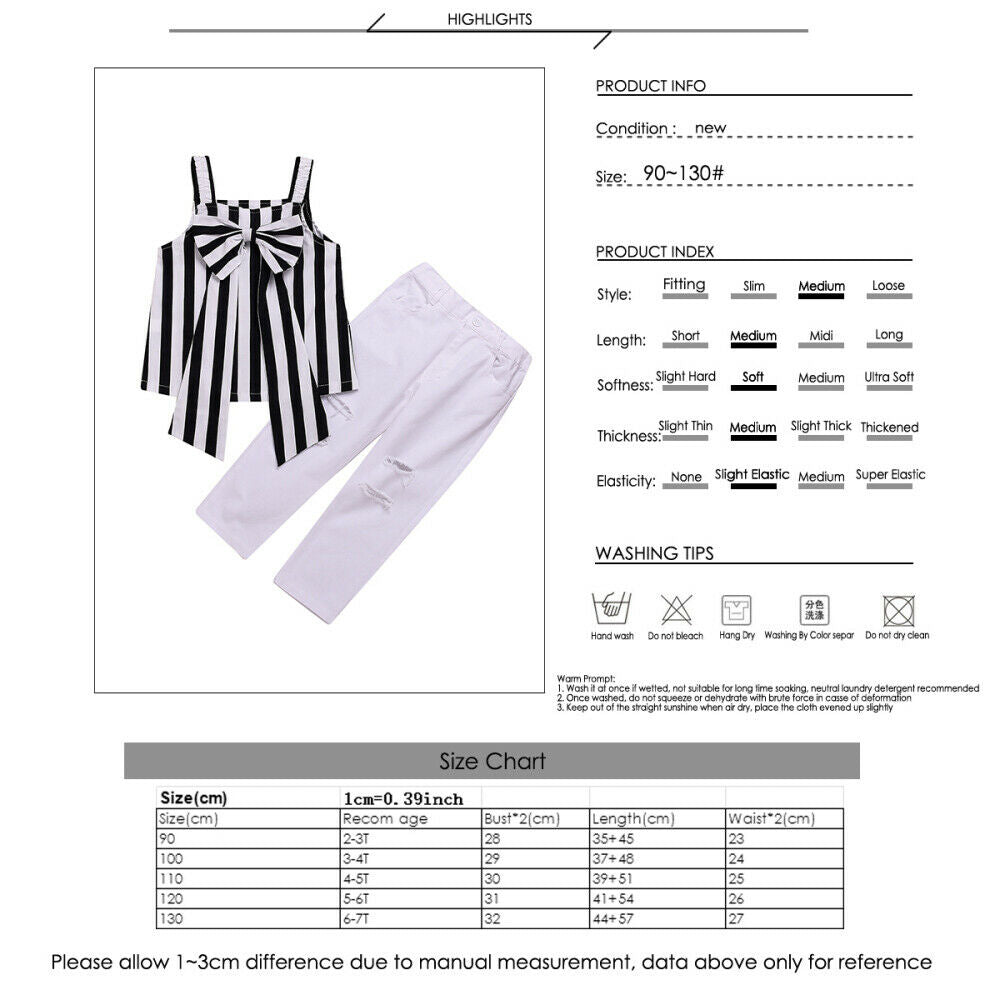 Kids Girls Little Vertical Stripes Print Big Bowknot Tank Top+ Pants Trousers