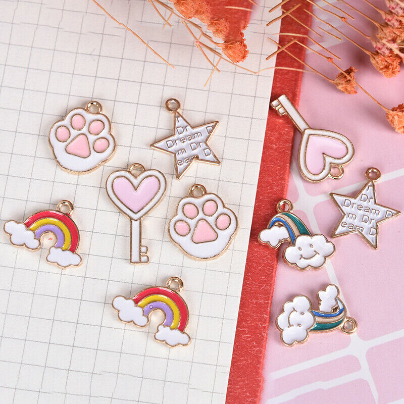 10pcs Mix Heart Key Cloud Metal Enamel Charms Pendant DIY Jewelry Making Fi_DD