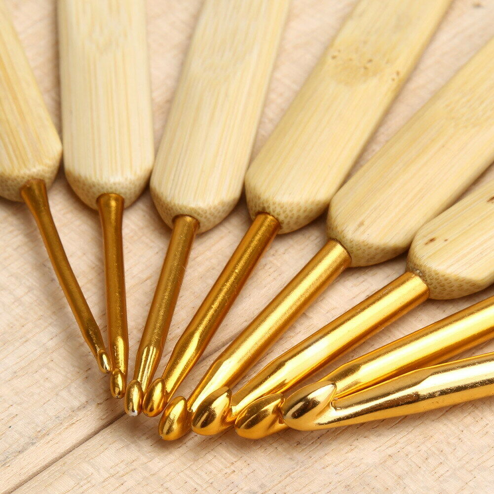 8pcs 8 sizes Bamboo handle Golden Aluminum Crochet Hooks Needles 2.5mm-6mm A#S