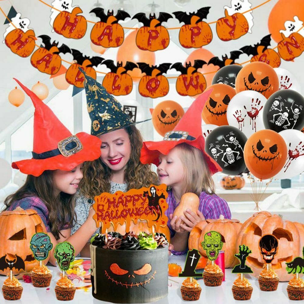 Festival Props Spider Cake Topper Banner Halloween Balloons Set Pumpkin Garland