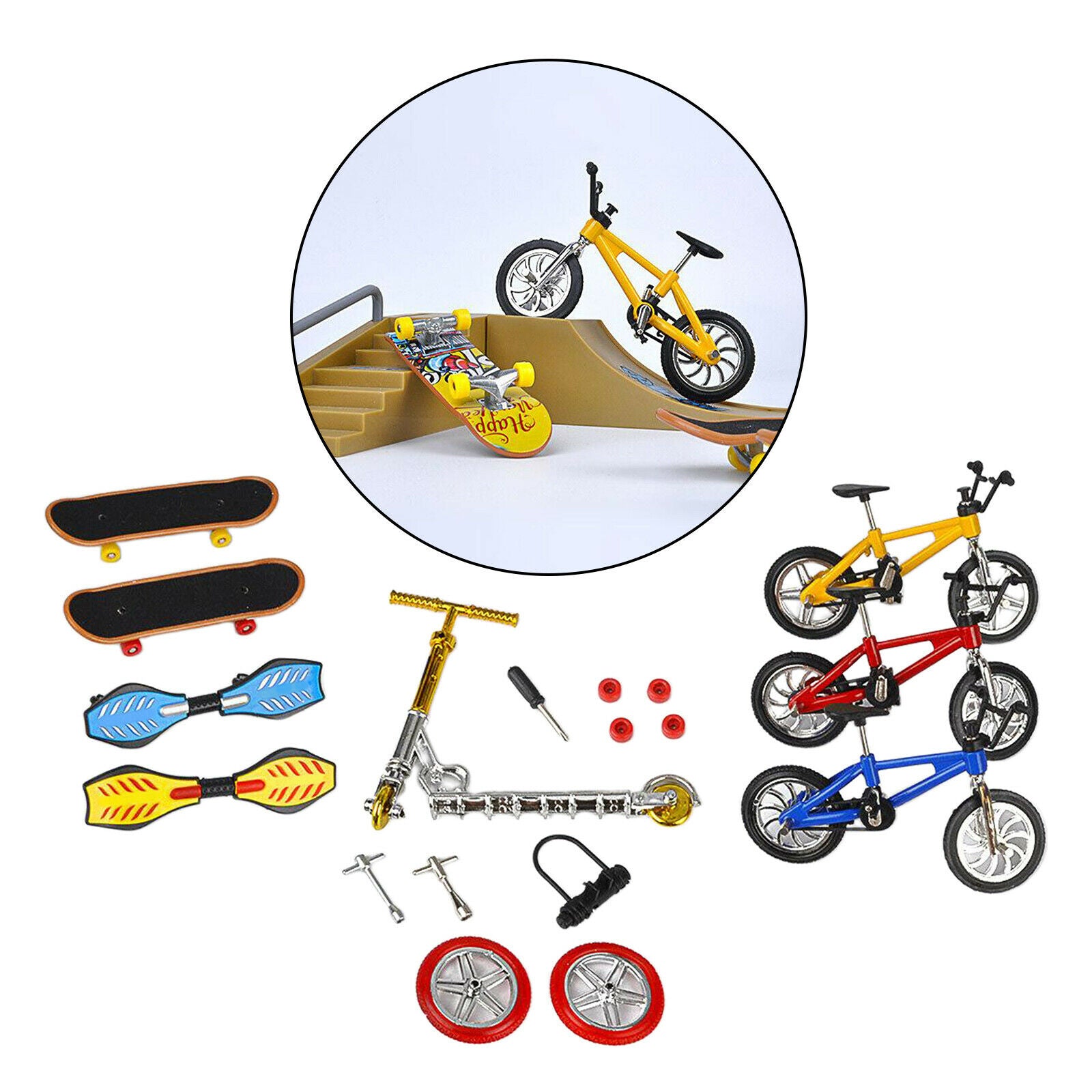 Alloy and Plastic Finger Toys Set 1:18 Skateboard Bike Scooter Swing Board with