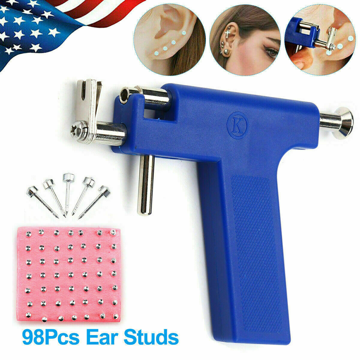 Professional Ear Nose Navel Body Piercing Gun Kit Tool with Pack Of 98 Studs AU