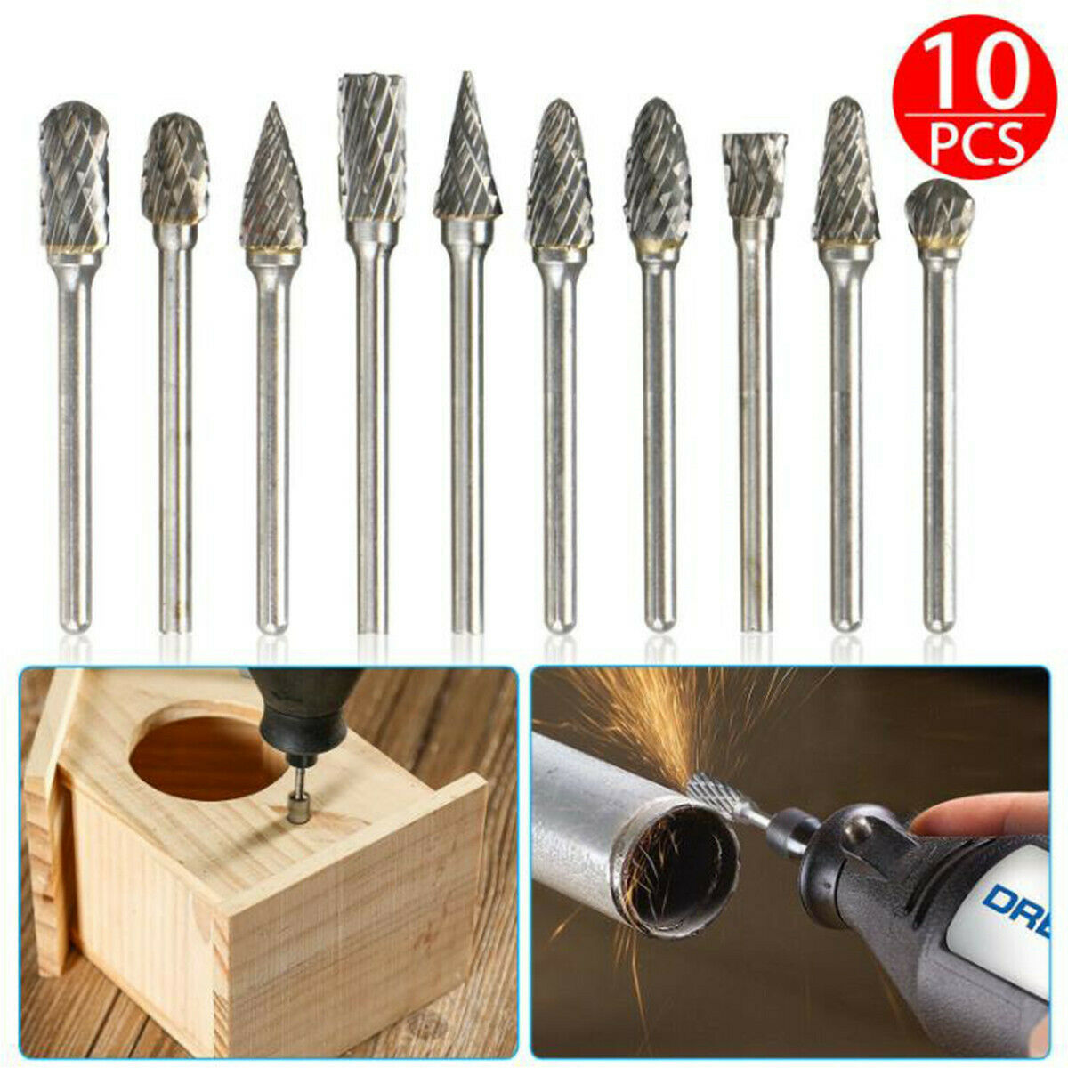 10X Metal Tungsten Steel Carbide Grinding Head Rotary Drill Wood Bits Part Shank