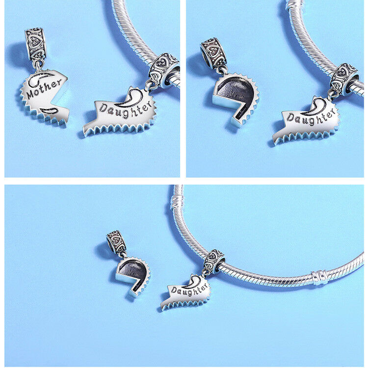 Real 925 Sterling Mother and Daughter Love Forever Hanging Beads Charm fit Chain