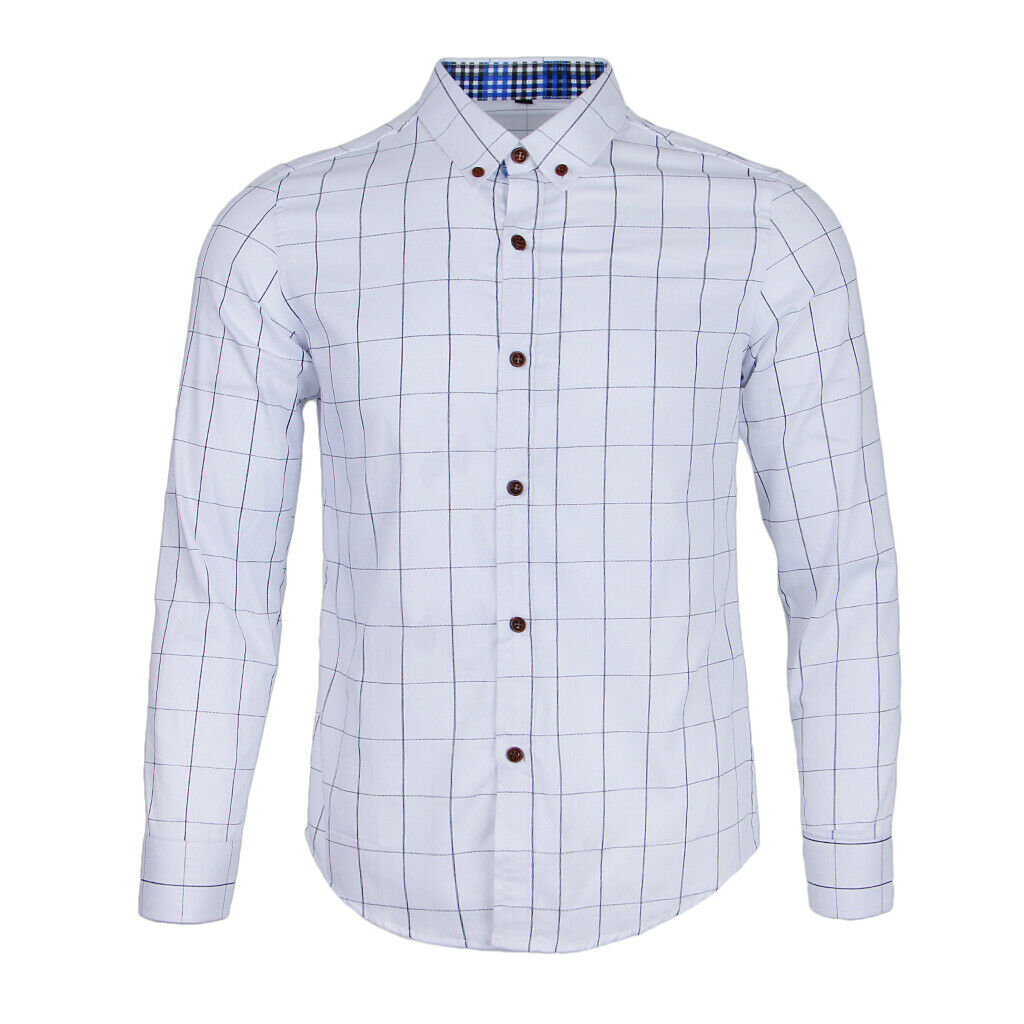 Mens Classical Plaid Print Shirt Cotton Causal Long Sleeve Shirt M White