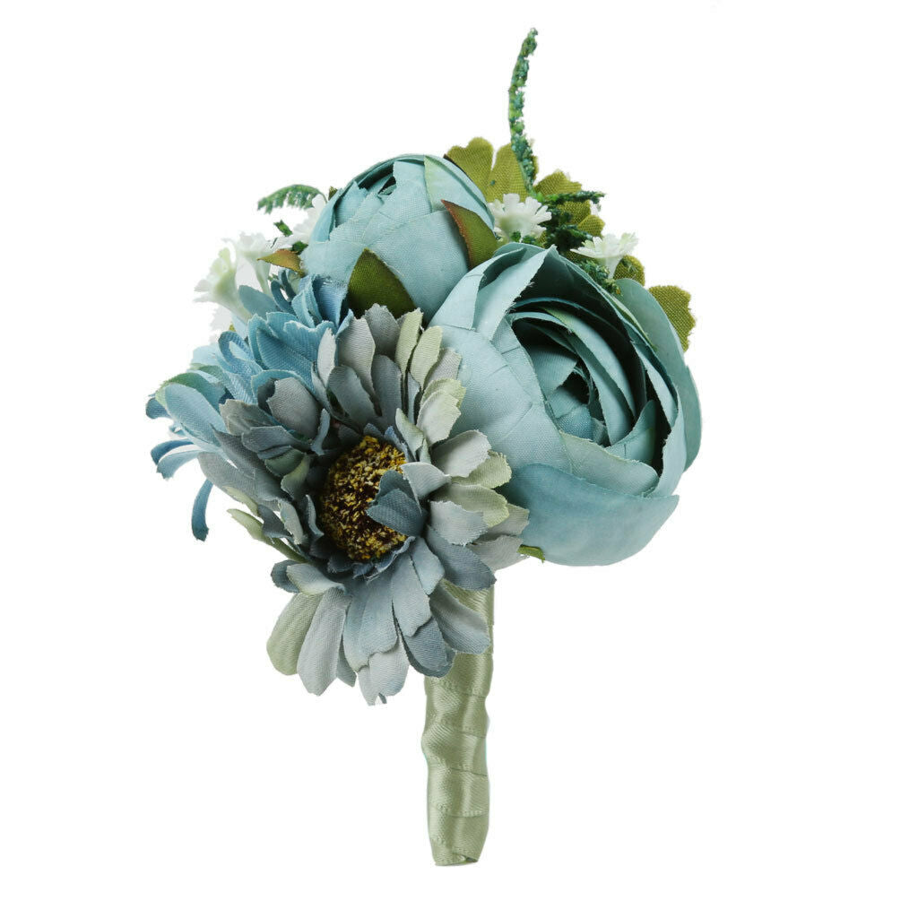 Artificial Wedding Bridal Groom Boutonniere Corsage Flower Brooch Pin Blue