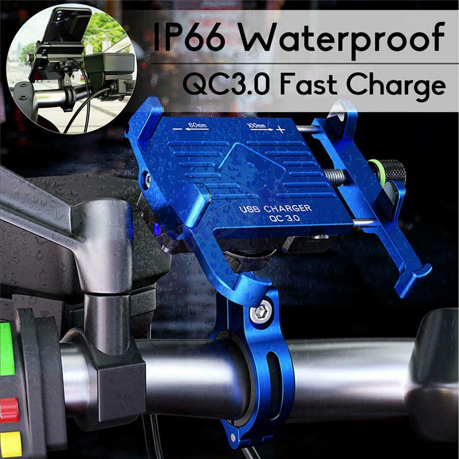Aluminium Phone Holder QC3.0 Fast USB Charger For Motorcycle Scooter Moped ATV
