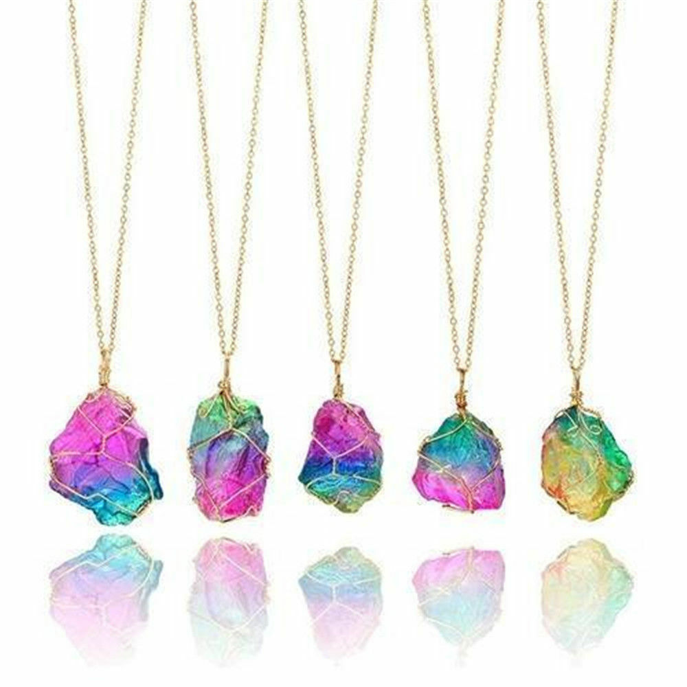 Natural Crystal Rainbow Stone Chakra Rock Chain Necklace Quartz Pendant Jewelry