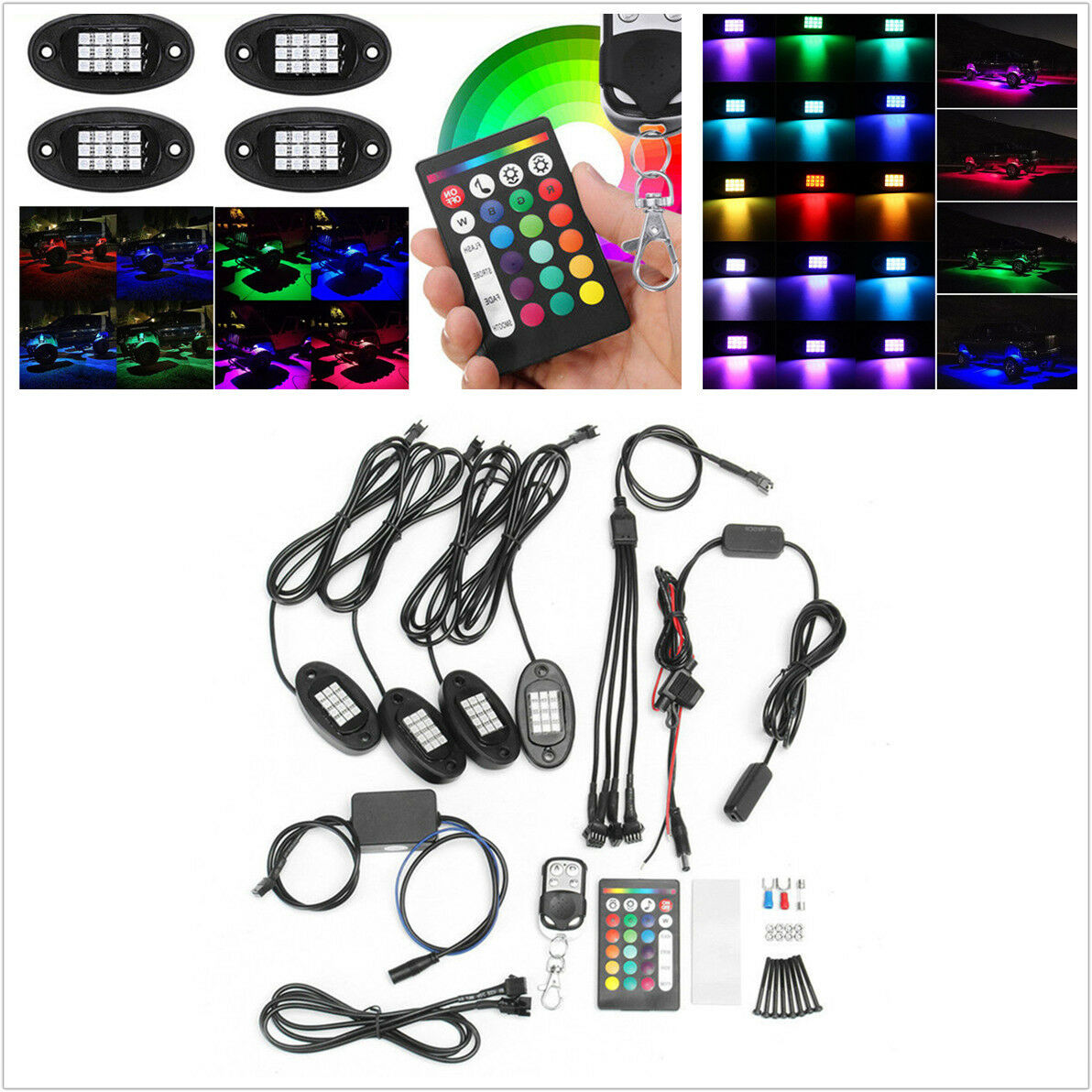 4xUniversal RGB LED Under Body Light Rock Lamp Off-Road Truck Remote Control 12V