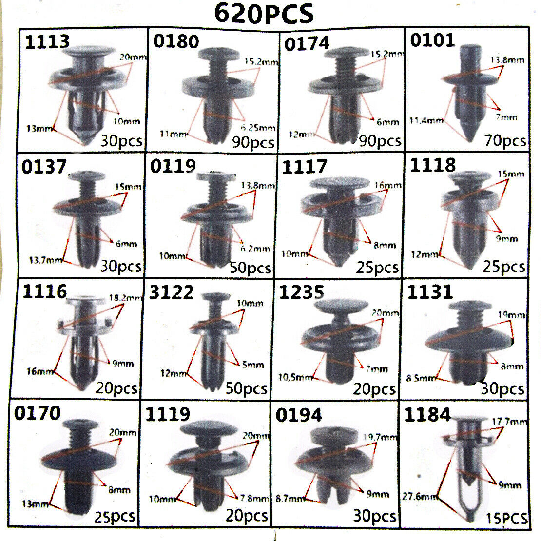 635pcs/kit Car Body Retainer Clips Push Trim Pin Rivet Fender Bumper Fastener tn