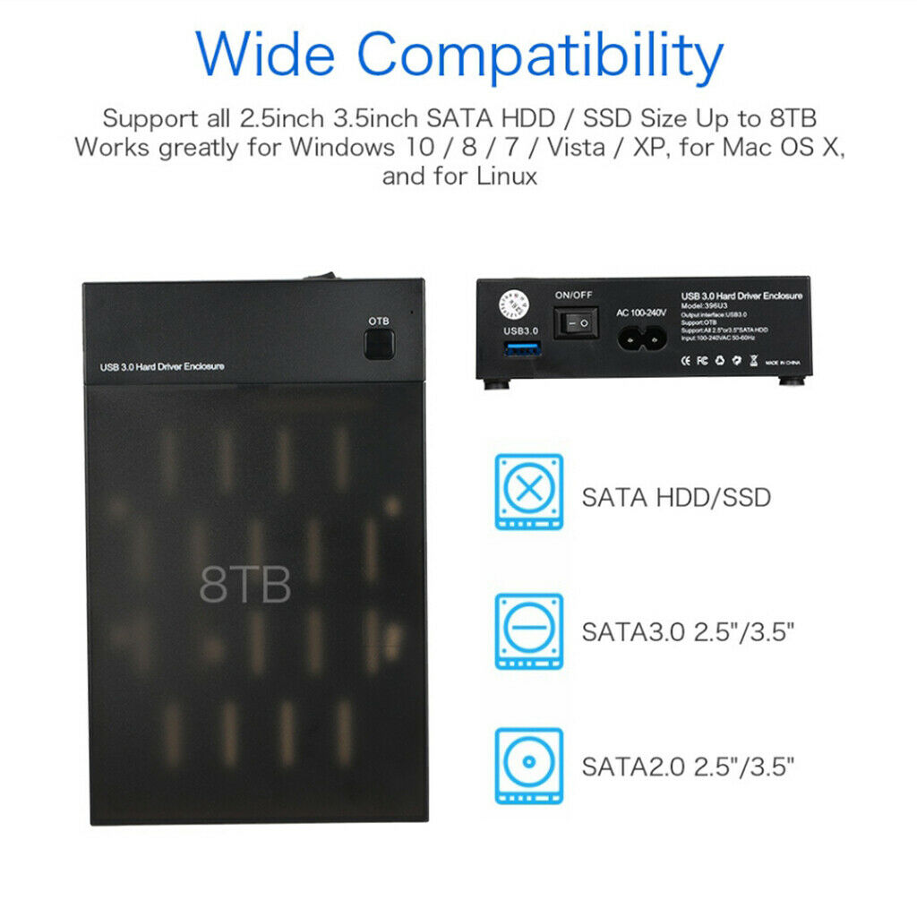 External Hard Drive Enclosure for 3.5 2.5 Inch SATA SSD HDD, USB 3.0 to SATA