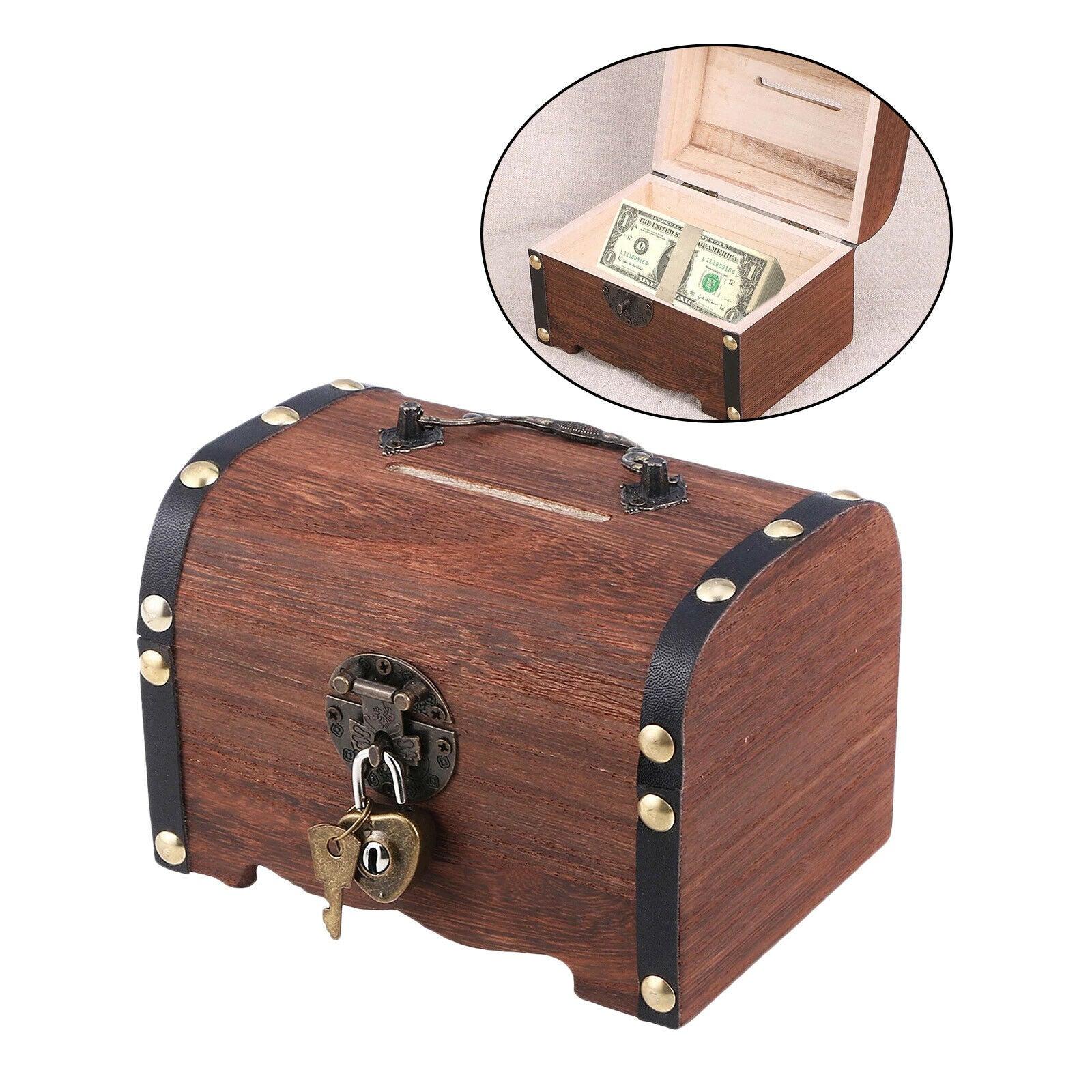 Wooden Treasure Chest Retro Coin Hobby Storage Box Desk Case Piggy Bank
