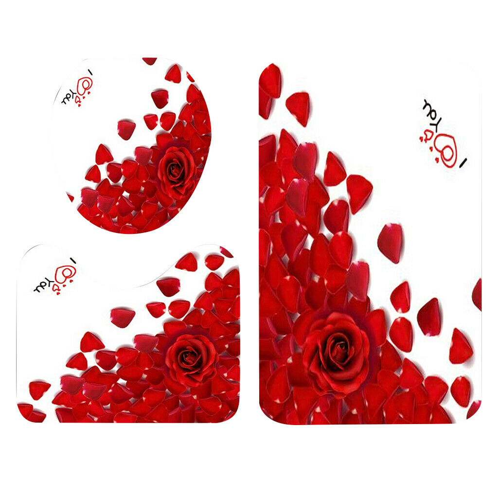 2Set 3Pcs Red Rose Pattern Toilet Lid Cover Bath Rug Set Shower Ensemble