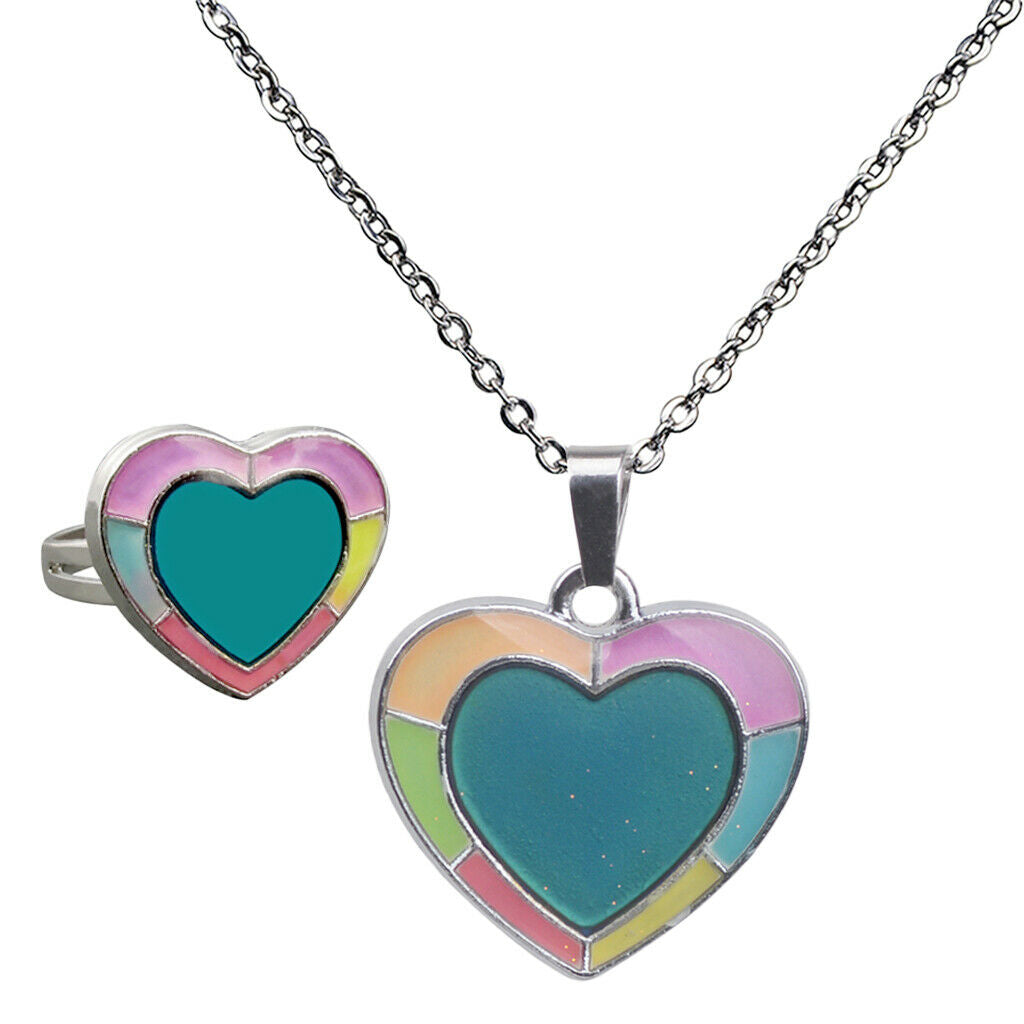 Womens Magic Heart Shape Mood Change Color Heart Necklace Ring Jewelry Set