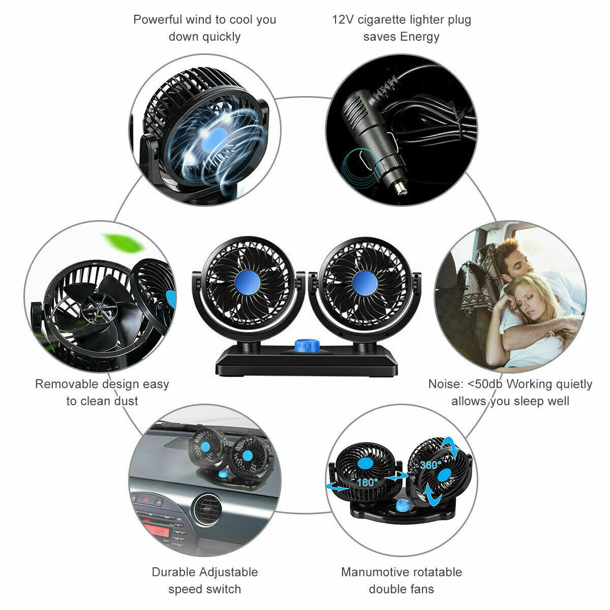 12V Dual Head Car Fan Portable Vehicle Truck 360Â° Rotatable Auto Cooling Cooler