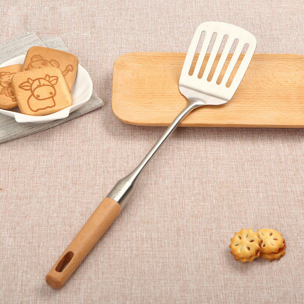 Metal Slotted Spatula Turner Skimmer Kitchen Utensil Tool Wooden Handle 15in
