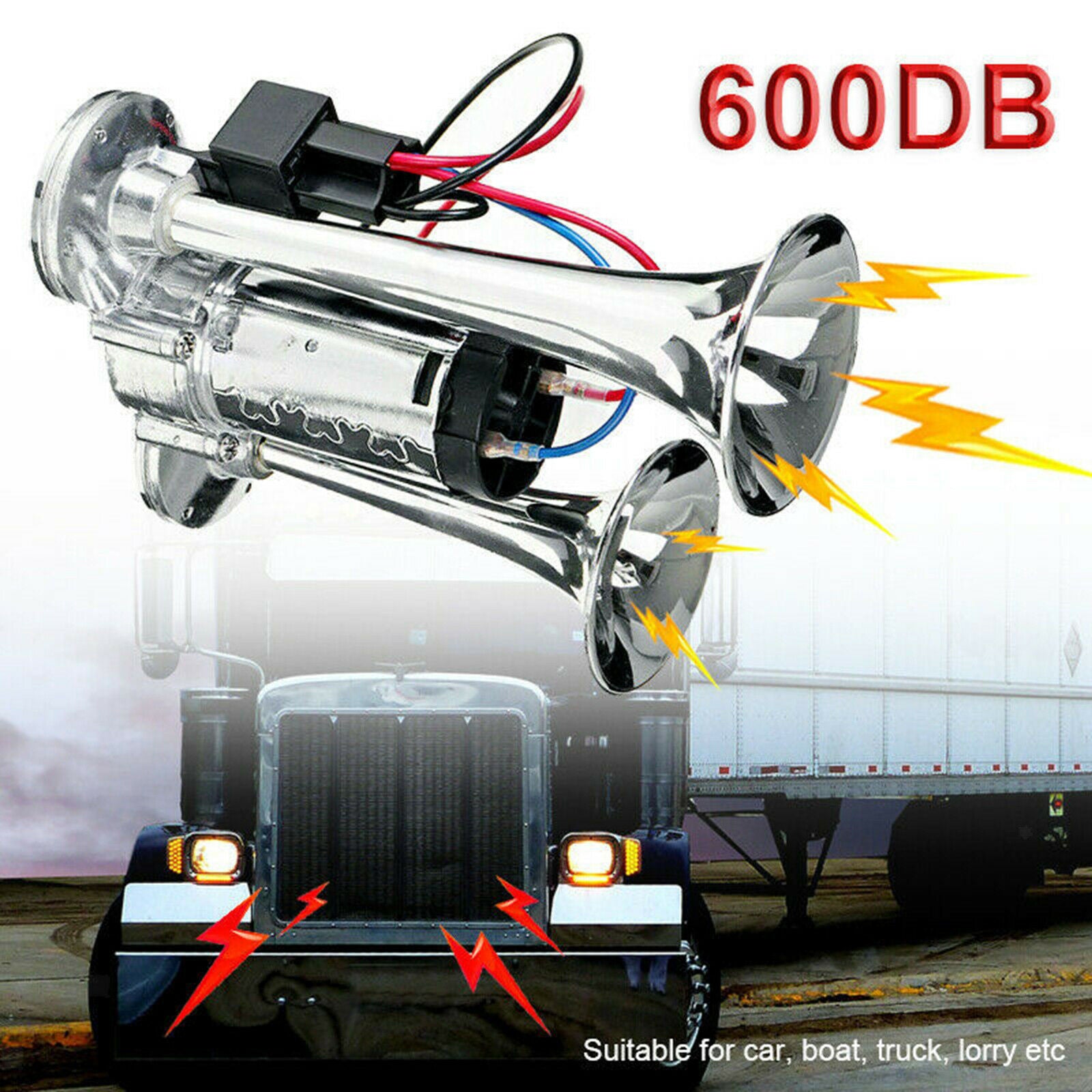 600DB 12V Dual Trumpet Car Air Horn Kit SUV RV Lorrys Speaker Set Dual Tone