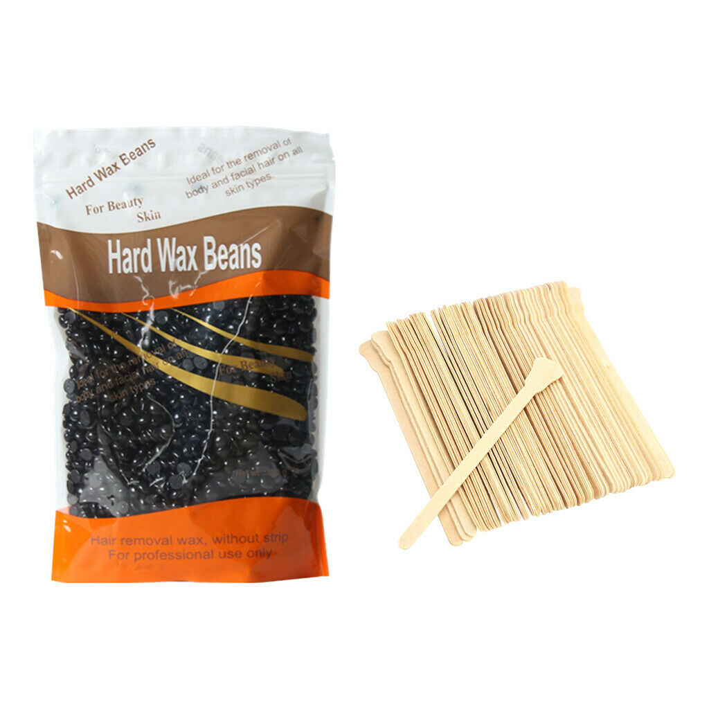 Depilatory Hard Wax Beans Beads Pellet Hair Removal with 50Pcs Wood Sticks